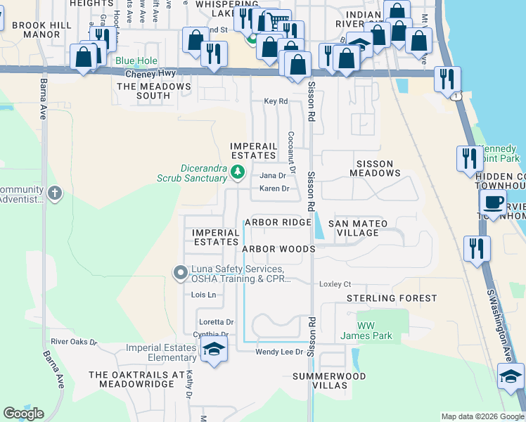 map of restaurants, bars, coffee shops, grocery stores, and more near 516 Arbor Ridge Lane in Titusville