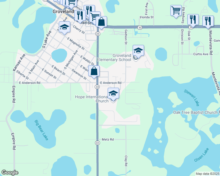 map of restaurants, bars, coffee shops, grocery stores, and more near 117 Stewart Lake Loop in Groveland