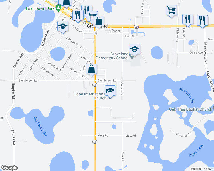 map of restaurants, bars, coffee shops, grocery stores, and more near 1004 Park Central Circle in Groveland