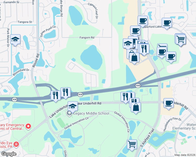 map of restaurants, bars, coffee shops, grocery stores, and more near 414 Carey Way in Orlando