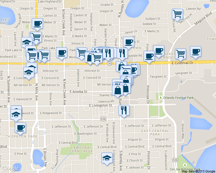 map of restaurants, bars, coffee shops, grocery stores, and more near 2125 Stanley Street in Orlando