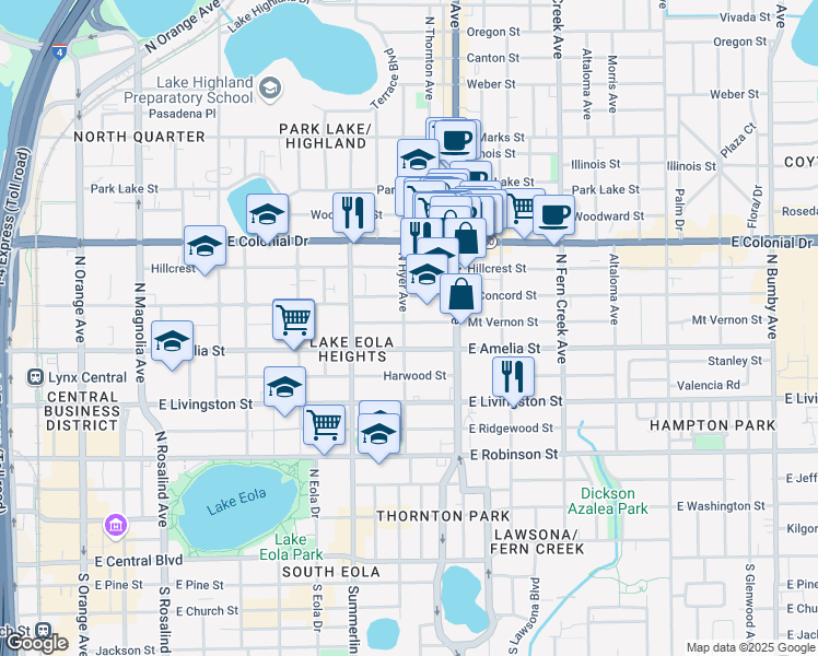 map of restaurants, bars, coffee shops, grocery stores, and more near 1011 East Amelia Street in Orlando