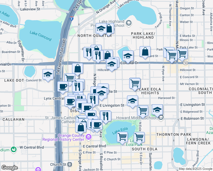 map of restaurants, bars, coffee shops, grocery stores, and more near 203 East Amelia Street in Orlando