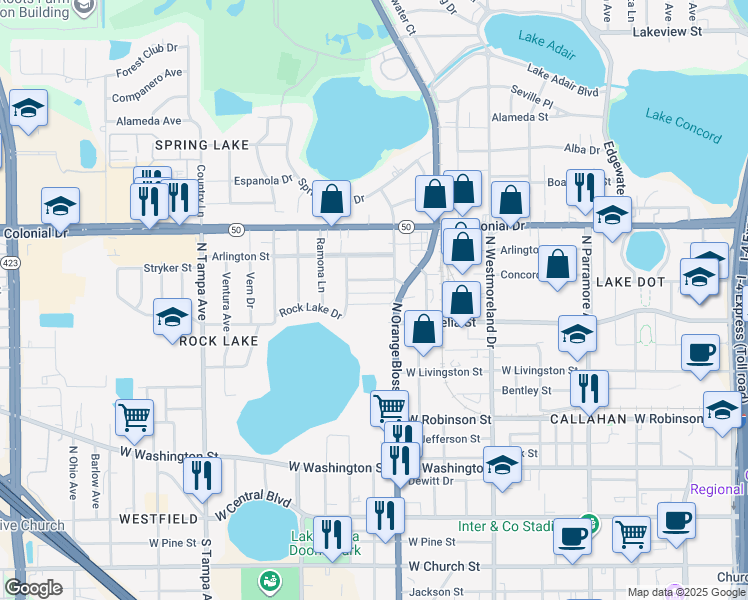 map of restaurants, bars, coffee shops, grocery stores, and more near 1350 Givens Street in Orlando