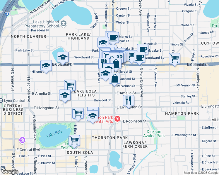 map of restaurants, bars, coffee shops, grocery stores, and more near 500 Florida 15 in Orlando