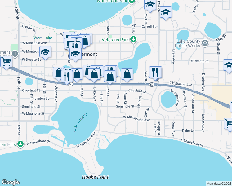 map of restaurants, bars, coffee shops, grocery stores, and more near 1230 4th Street in Clermont