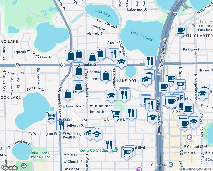 map of restaurants, bars, coffee shops, grocery stores, and more near 717 West Amelia Street in Orlando
