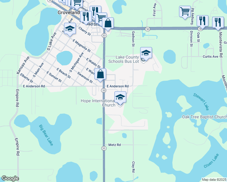 map of restaurants, bars, coffee shops, grocery stores, and more near 1088 Park Central Circle in Groveland