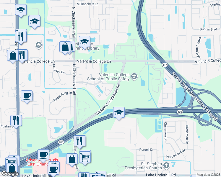 map of restaurants, bars, coffee shops, grocery stores, and more near 8225 Claire Ann Drive in Orlando