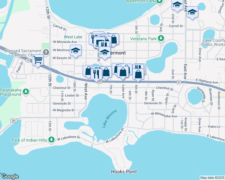 map of restaurants, bars, coffee shops, grocery stores, and more near 677 Florida 50 in Clermont