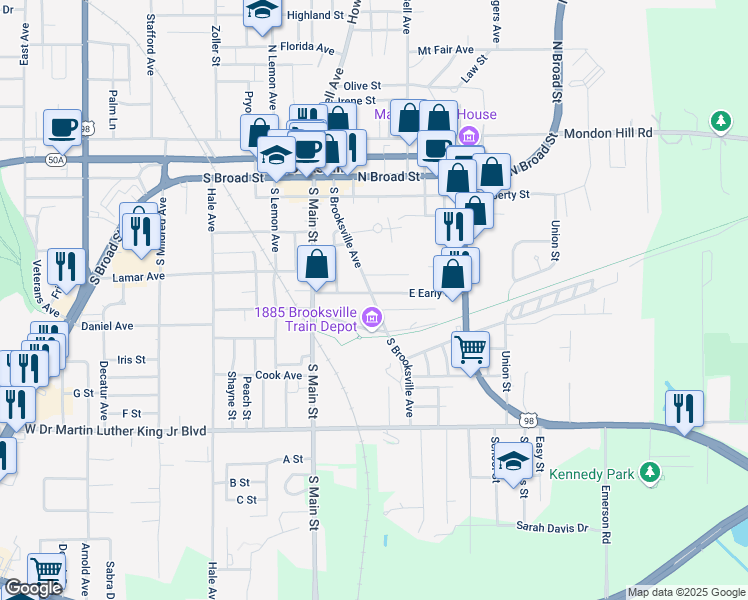 map of restaurants, bars, coffee shops, grocery stores, and more near South Brooksville Avenue in Brooksville