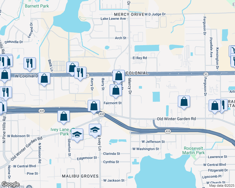 map of restaurants, bars, coffee shops, grocery stores, and more near 601 Fairvilla Road in Orlando