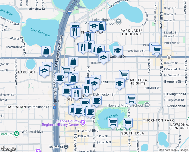 map of restaurants, bars, coffee shops, grocery stores, and more near 601 North Magnolia Avenue in Orlando