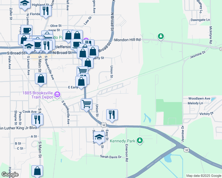 map of restaurants, bars, coffee shops, grocery stores, and more near Tanglewood Drive in Brooksville
