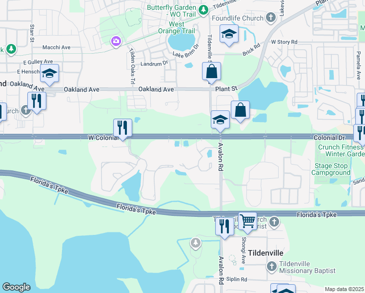 map of restaurants, bars, coffee shops, grocery stores, and more near 15204 West Colonial Drive in Winter Garden