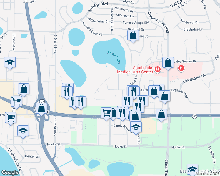 map of restaurants, bars, coffee shops, grocery stores, and more near 1175 Brentwood Drive in Clermont