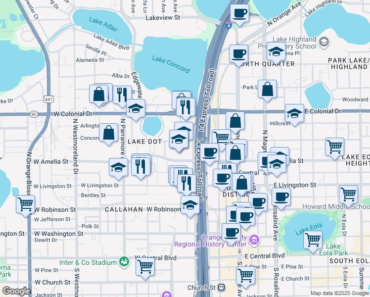 map of restaurants, bars, coffee shops, grocery stores, and more near 301 West Amelia Street in Orlando