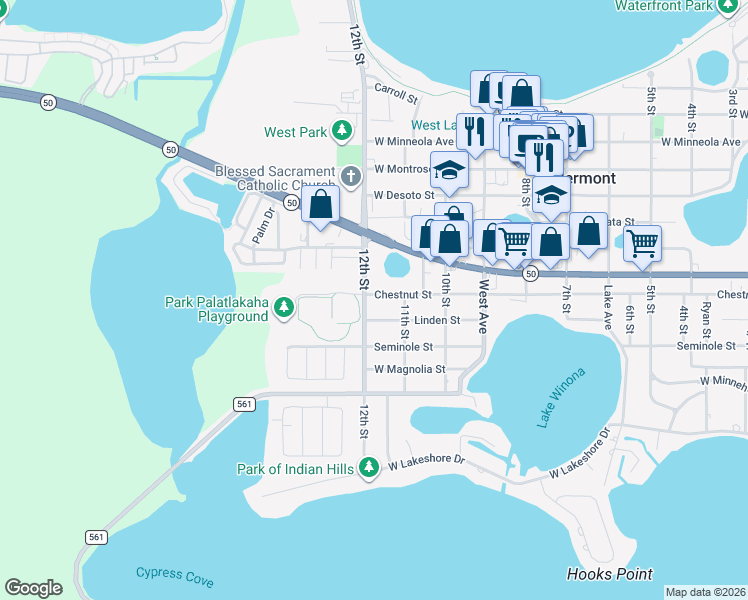 map of restaurants, bars, coffee shops, grocery stores, and more near 1121 12th Street in Clermont