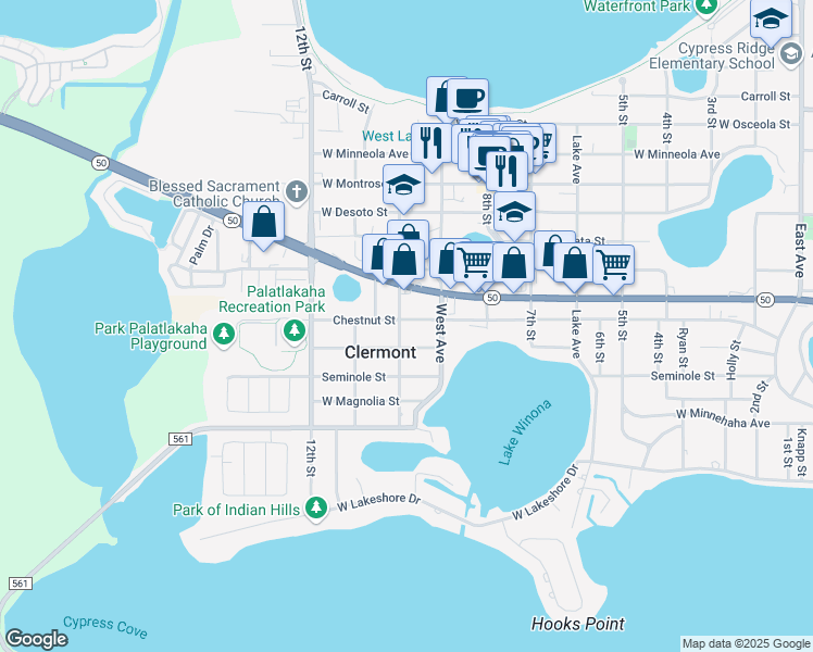 map of restaurants, bars, coffee shops, grocery stores, and more near 991 Chestnut Street in Clermont