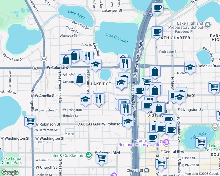 map of restaurants, bars, coffee shops, grocery stores, and more near 605 Lake Dot Circle in Orlando