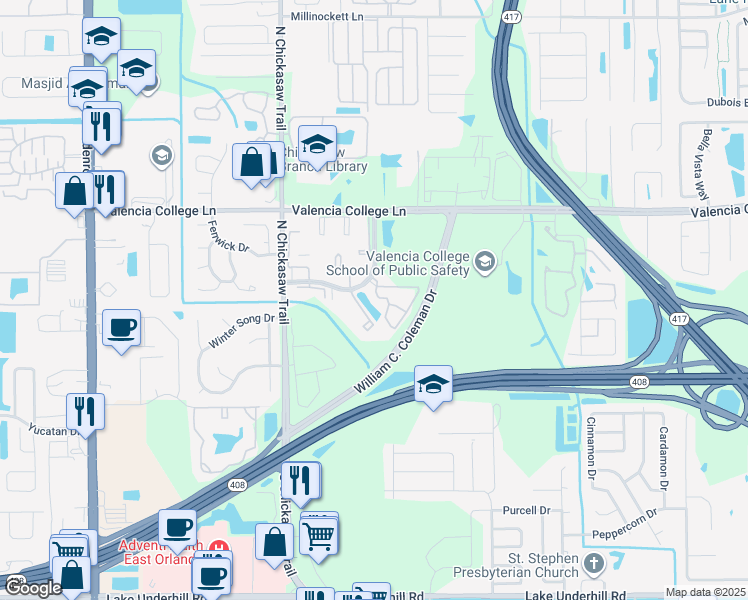 map of restaurants, bars, coffee shops, grocery stores, and more near 619 Palm Key Court in Orlando