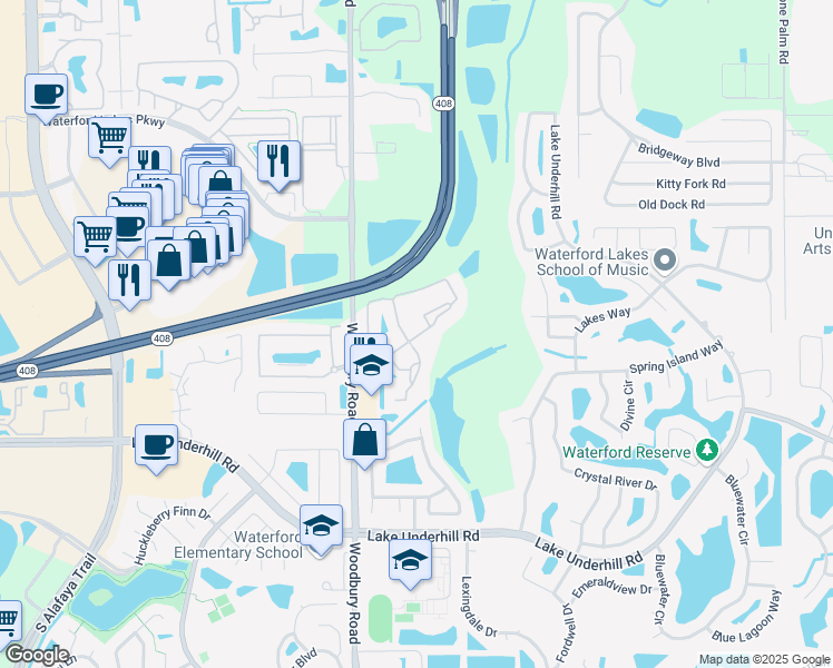 map of restaurants, bars, coffee shops, grocery stores, and more near 13059 Island Bay Drive in Orlando
