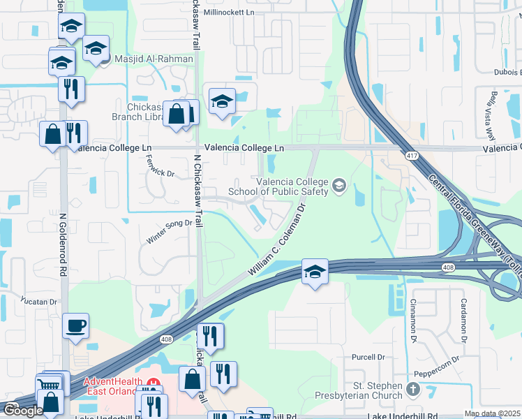 map of restaurants, bars, coffee shops, grocery stores, and more near 619 Palm Key Court in Orlando
