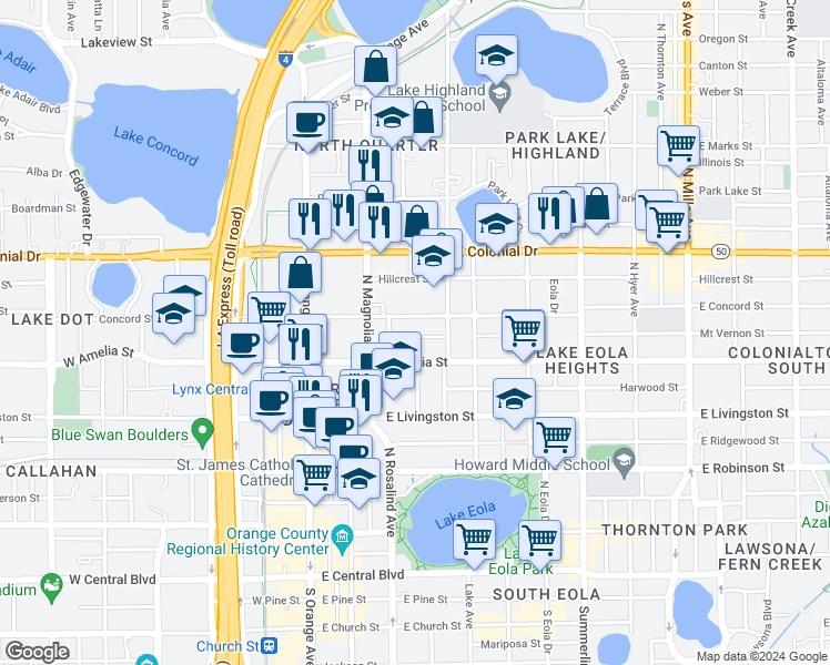 map of restaurants, bars, coffee shops, grocery stores, and more near 203 East Concord Street in Orlando