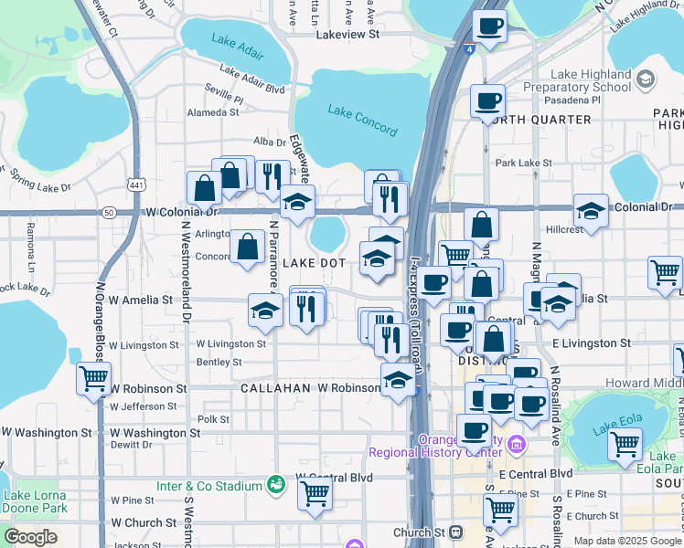 map of restaurants, bars, coffee shops, grocery stores, and more near 605 Lake Dot Circle in Orlando