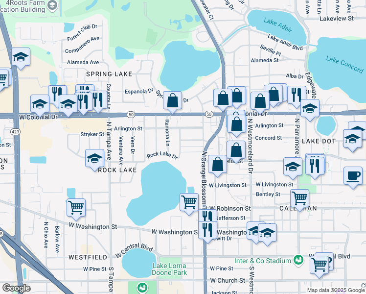 map of restaurants, bars, coffee shops, grocery stores, and more near 1339 Concord Street in Orlando