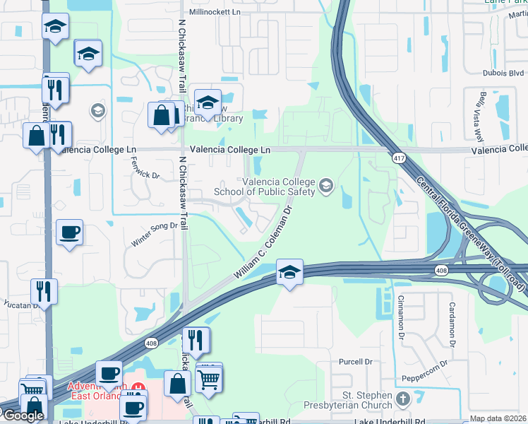 map of restaurants, bars, coffee shops, grocery stores, and more near 8225 Claire Ann Drive in Orlando
