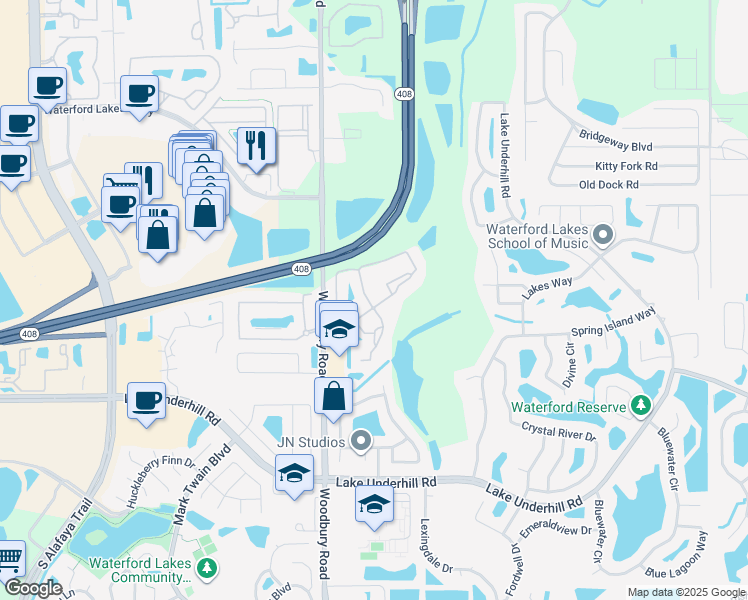 map of restaurants, bars, coffee shops, grocery stores, and more near 13000 Island Bay Drive in Orlando