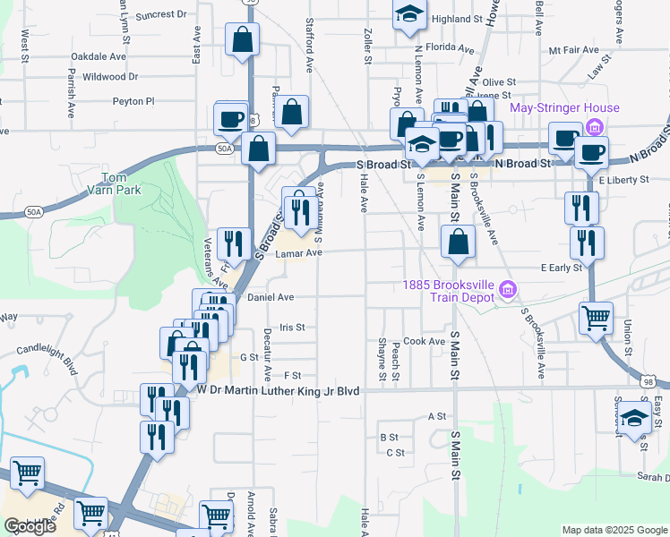 map of restaurants, bars, coffee shops, grocery stores, and more near 575 Lamar Avenue in Brooksville