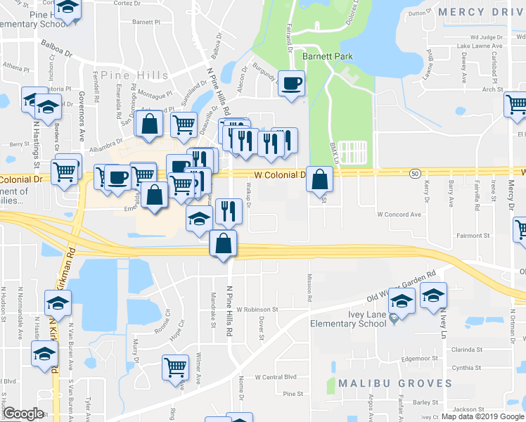 map of restaurants, bars, coffee shops, grocery stores, and more near 4915 West Concord Avenue in Orlando