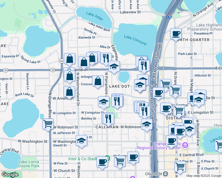map of restaurants, bars, coffee shops, grocery stores, and more near 680 Concord Street in Orlando