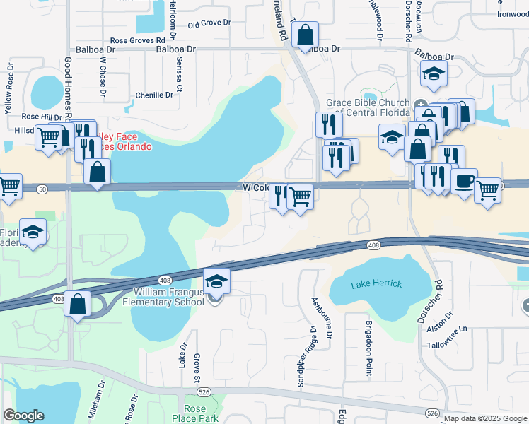 map of restaurants, bars, coffee shops, grocery stores, and more near 606 Spice Trader Way in Orlando