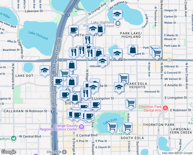 map of restaurants, bars, coffee shops, grocery stores, and more near 203 East Concord Street in Orlando