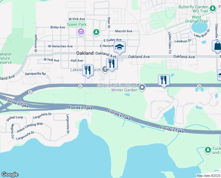 map of restaurants, bars, coffee shops, grocery stores, and more near 15992 West Colonial Drive in Oakland
