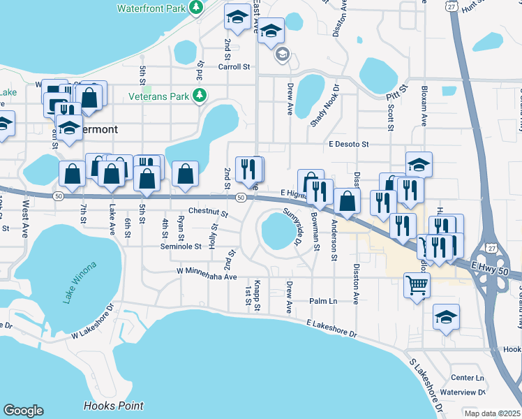 map of restaurants, bars, coffee shops, grocery stores, and more near 101 Florida 50 in Clermont