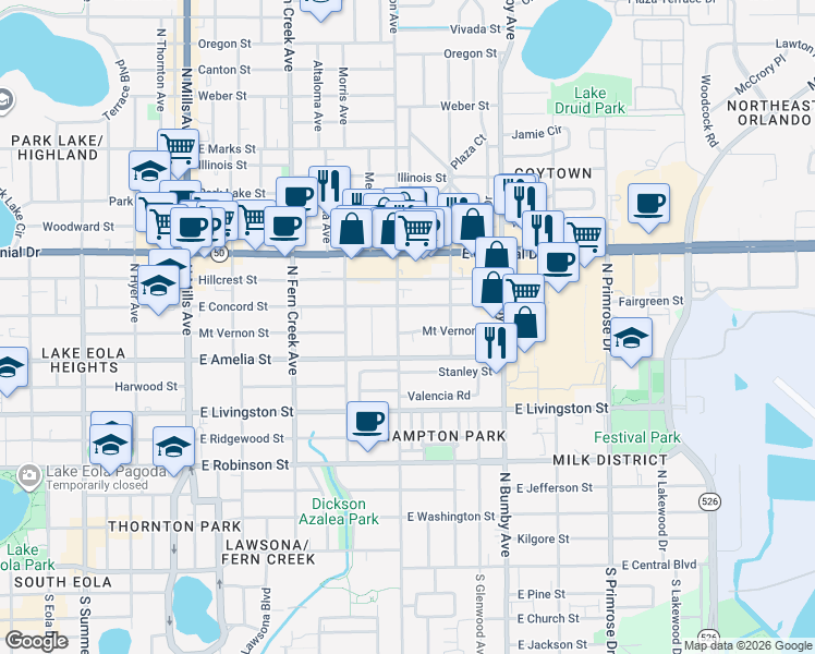 map of restaurants, bars, coffee shops, grocery stores, and more near 2018 East Concord Street in Orlando