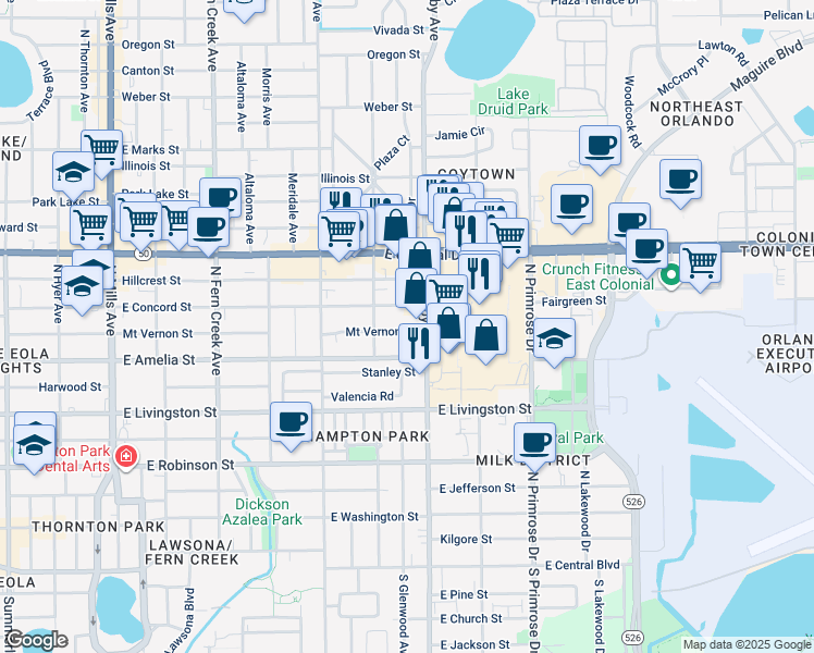 map of restaurants, bars, coffee shops, grocery stores, and more near 550 North Bumby Avenue in Orlando