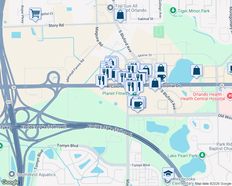map of restaurants, bars, coffee shops, grocery stores, and more near 11050 West Colonial Drive in Ocoee