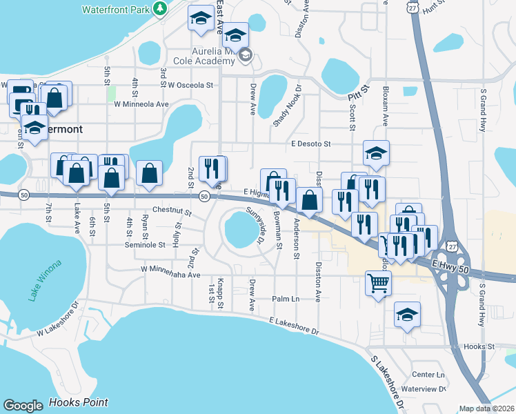 map of restaurants, bars, coffee shops, grocery stores, and more near 145 Sunnyside Drive in Clermont