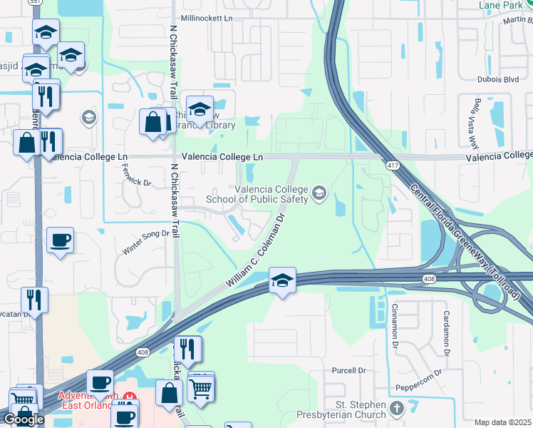 map of restaurants, bars, coffee shops, grocery stores, and more near 8213 Claire Ann Drive in Orlando
