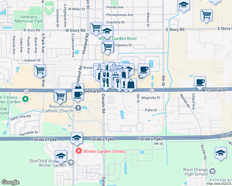 map of restaurants, bars, coffee shops, grocery stores, and more near 13394 West Colonial Drive in Winter Garden