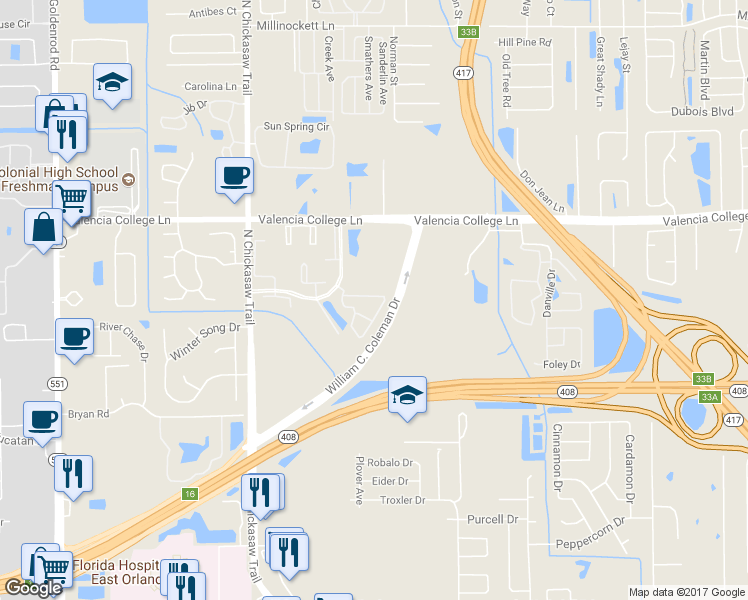 map of restaurants, bars, coffee shops, grocery stores, and more near 8225 Claire Ann Drive in Orlando
