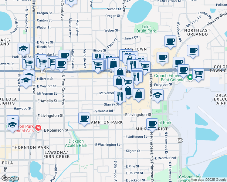 map of restaurants, bars, coffee shops, grocery stores, and more near 550 North Bumby Avenue in Orlando