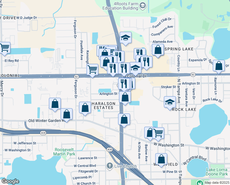 map of restaurants, bars, coffee shops, grocery stores, and more near 2803 Arlington Street in Orlando