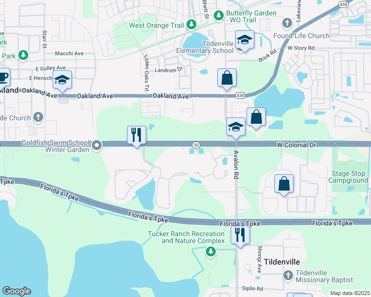 map of restaurants, bars, coffee shops, grocery stores, and more near 15300 West Colonial Drive in Winter Garden