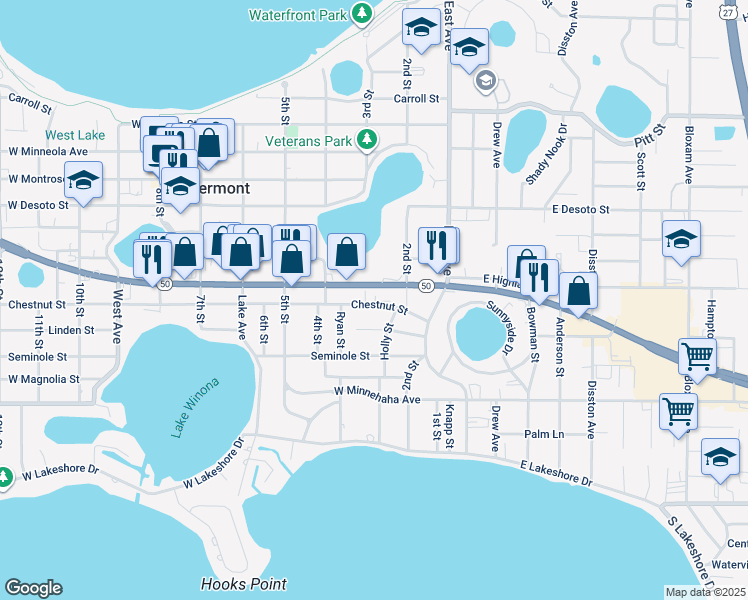 map of restaurants, bars, coffee shops, grocery stores, and more near 265 West Highway 50 in Clermont